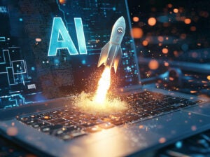 Image d'un ordinateur portable avec une IA affichée à l'écran devant des données de test et une petite fusée décollant du clavier.