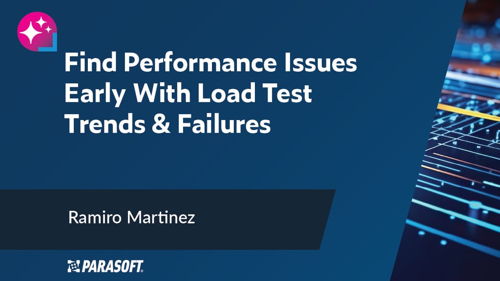 Detecte problemas de rendimiento de forma temprana con las tendencias y fallas de las pruebas de carga con el nombre del orador a continuación y una imagen abstracta a la derecha