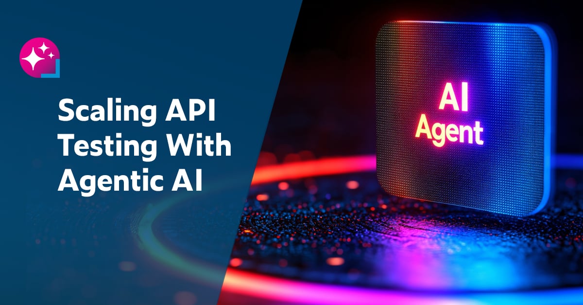 Text on the left: Scaling API Testing With Agentic AI. On the right is a square icon containing "AI Agent" in the center.