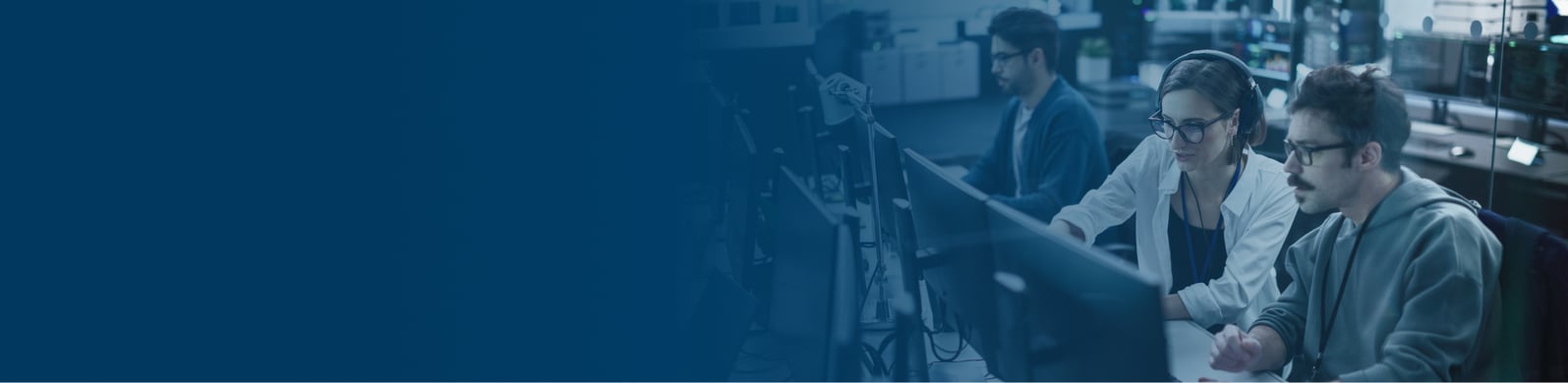 Footer Banner with people working on computers and conversing