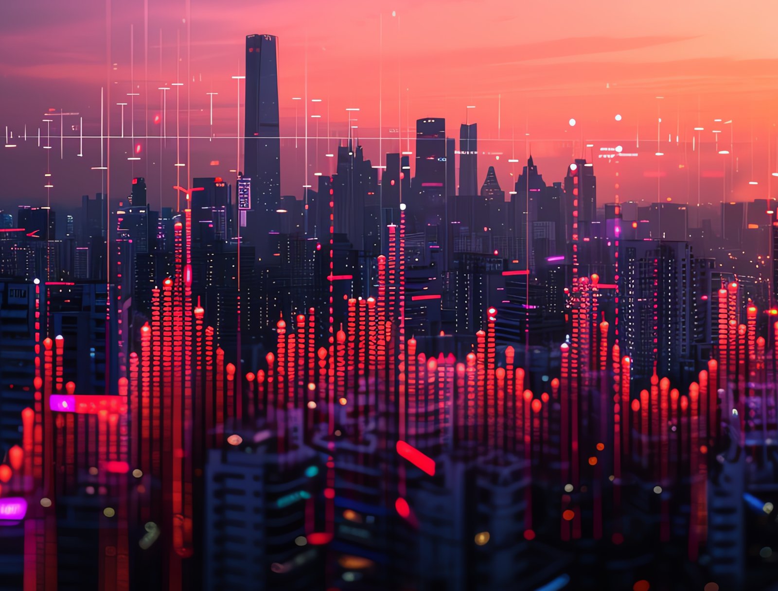 Cityscape at dusk with overlay of stock chart