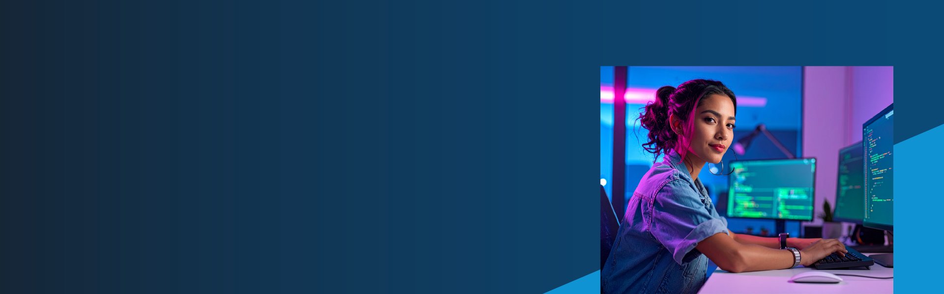 Dark blue background with vibrant graphic of a casually dressed woman developer.