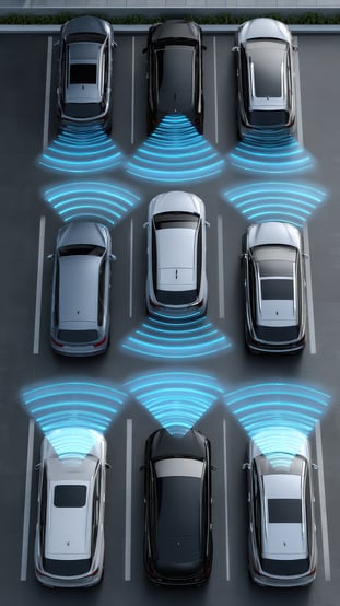 Graphic showing several vehicles communicating and sensing.