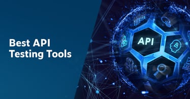 On left is white text on navy background: Best API Testing Tools with with graphic on right showing an electric blue soccer-like ball with sectioned with hexagons - API is inside the front hexagon. The others are filled with icons like a lock, magnifying glass, light bulb and so on.
