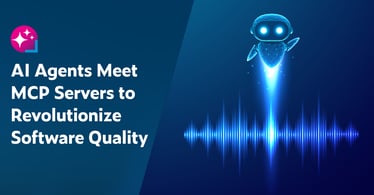 Texte de gauche&nbsp;: Des agents d’IA rencontrent des serveurs MCP pour révolutionner la qualité logicielle. À droite, une image d’un agent d’IA en action, planant au-dessus de flux de données.