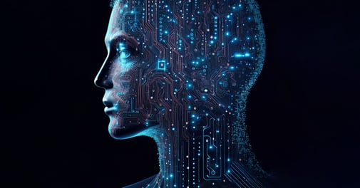 Image showing the side profile of a human filled in with connectors and bright points to portray technology enhanced by artificial intelligence (AI).