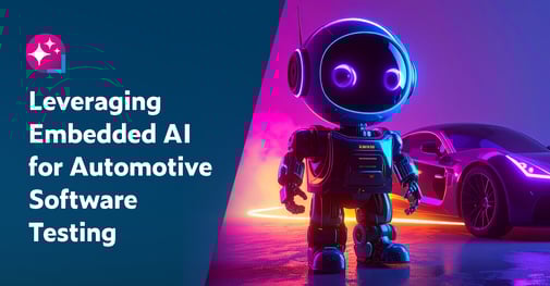 Text on left: Leveraging Embedded AI for Automotive Software Testing. On the right is an AI robot in the foreground and a sporty self-driving vehicle in the background.