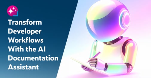 Text on left: Transform Developer Workflows With the AI Documentation Assistant. On the right is an image of an AI documentation assistant that looks like a stormtrooper, holding a pen and writing answers to questions on paper.