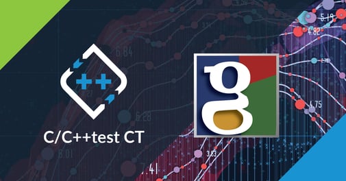 Resource card for a safety-critical software datasheet showing Parasoft C/C++test CT logo and Googletest logo side by side with testing data points in the background.