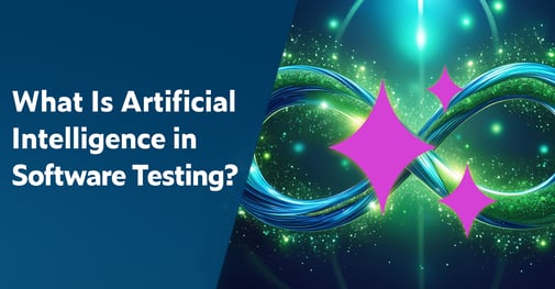 Graphique 2D montrant une boucle infinie bleue avec de minuscules étincelles vertes en arrière-plan et une superposition d'une icône d'intelligence artificielle&nbsp;: 3 diamants rose vif.