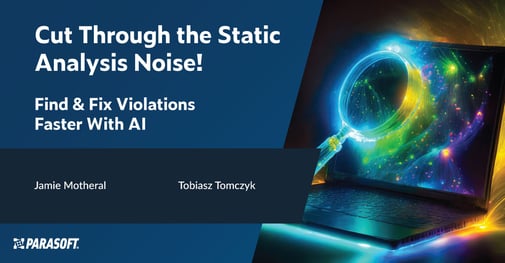 Cut Through the Static Analysis Noise! Find & Fix Violations Faster With AI with speaker titles and graphic of magnifying glass looking into PC screen.