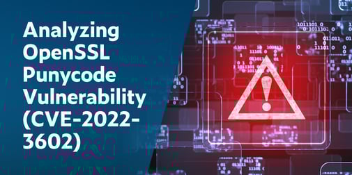 White text on navy background on left: Analyzing OpenSSL Punycode Vulnerability (CVE-2022-3602). On right is code in the background with a hot pink illuminated triangle with explanation point in foreground warning of found vulnerability.