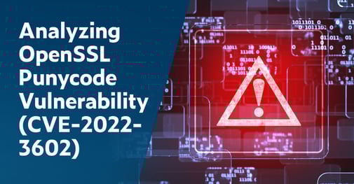 White text on navy background on left: Analyzing OpenSSL Punycode Vulnerability (CVE-2022-3602). On right is code in the background with a hot pink illuminated triangle with explanation point in foreground warning of found vulnerability.