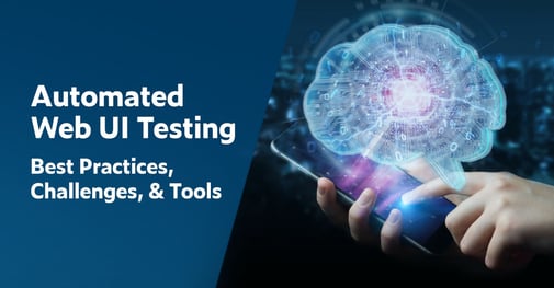 Speech balloon shaped like a brain with electrical current wave merges with code and a smartphone device for UI testing best practices and tools.