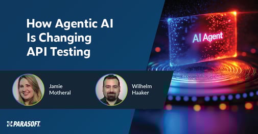 How Agentic AI Is Changing API Testing webinar title with speaker headshots and a graphic denoting an AI agent to the right