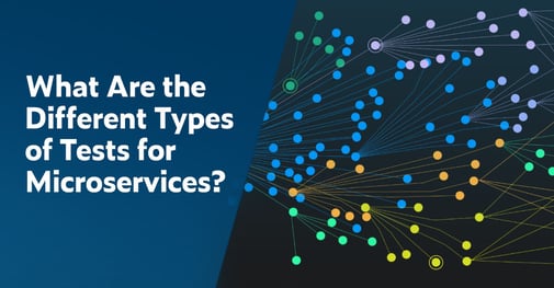 Text on left in white font on dark blue background: What Are the Different Types of Tests for Microservices. On right image of different colored dots (green, blue, lilac, orange, yellow) being connected by thin colored lines representing microservices.