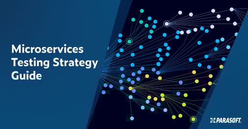 Text on left in white font on dark blue background: Microservices Testing Strategy Guide. Image on right shows colored dots in a variety of colors representing microservices and APIs and connected with thin lines.