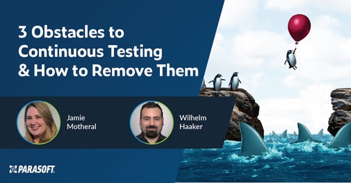 Tres obstáculos para las pruebas continuas y cómo eliminarlos con fotografías de los oradores a continuación y gráficos de pingüinos flotando sobre tiburones en un globo