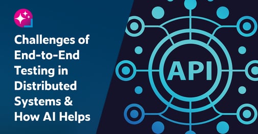 Texte de gauche&nbsp;: Les défis des tests de bout en bout dans les systèmes distribués et comment l’IA peut y remédier. À droite, un graphique représente un grand cercle avec l’API inscrite au centre et des cercles plus petits représentant les microservices qui y sont connectés.