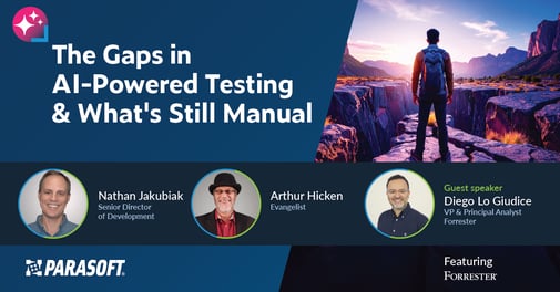 Les lacunes des tests basés sur l'IA et ce qui reste manuel avec des portraits d'intervenants et un graphique d'une personne en randonnée regardant au loin un canyon