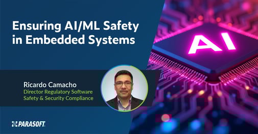 Ensuring AI/ML safety in Embedded Systems webinar title with speaker headshot below and abstract image with AI text to the right