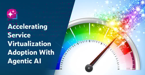 Text on left: Accelerating Service Virtualization Adoption With Agentic AI. On the right is an image of a meter graphic with rainbow colors with the pointer to the right.