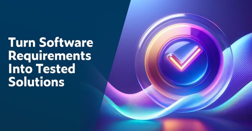 Text links: Verwandeln Sie Softwareanforderungen in getestete Lösungen. Auf der rechten Seite ist ein Bild eines leuchtend gelben Häkchens mit pinkfarbener Umrandung innerhalb eines Kreises zu sehen.