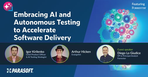 Embracing AI and Autonomous Testing to Accelerate Software Delivery webinar title with speaker headshots below and graphic of brain with gears to the right