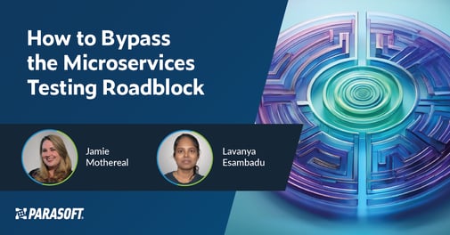 How to Bypass the Microservices Testing Roadblock webinar title with speaker headshots below and round maze graphic to the right