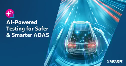Text on left: AI-Powered Tetsing for Safer & Smarter ADAS. On the right is the back view image of a vehicle with advanced driver assistance systems driving down the freeway.
