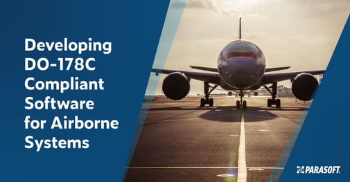 Text on left in white font on blue background: Developing DO-178C Compliant Software for Airborne Systems. On the right is a front shot of a commercial airplane on the runway.