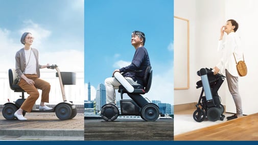 Three images showing three different people using three different models of WHILL, Inc.