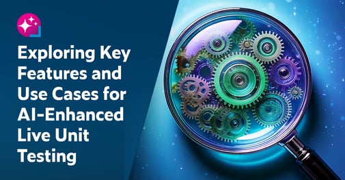 Text on the left: Exploring Key Features and Use Cases for AI-Enhanced Live Unit Testing. On the right is an overview image of a magnifying glass hovering over automation cogs in shades of green and purple.