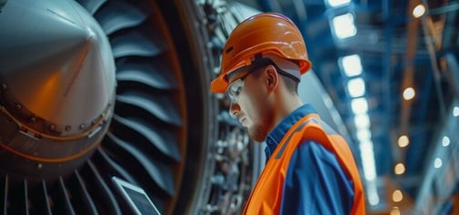 Male technician wearing a safety hardhat and vest performing a safety check of an airplane.
