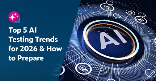 Text on left: Top 5 AI Testing Trends for 2026 & How to Prepare. On the right is an image of AI largely in the center of a circle with connectors to icons representing various technologies.