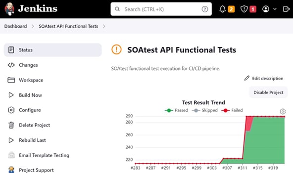 Screenshot of Jenkins showing the build steps to execute Parasoft SOAtest API integration tests.
