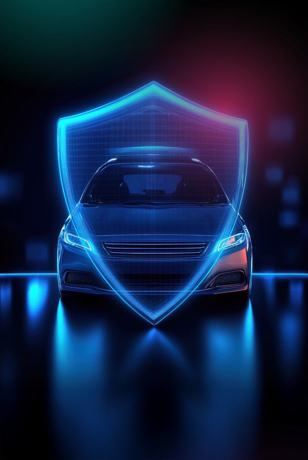 Graphic with dramatic lighting on a car and a computerized shield.