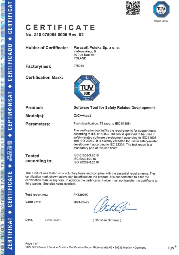 Parasoft C/C++test TÜV SÜD Certificate