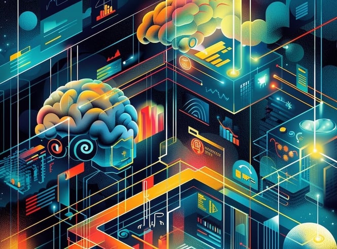 Abstract infographic in vibrant colors and sleek, modern healthcare technology elements illustrating the benefits of telemedicine services.