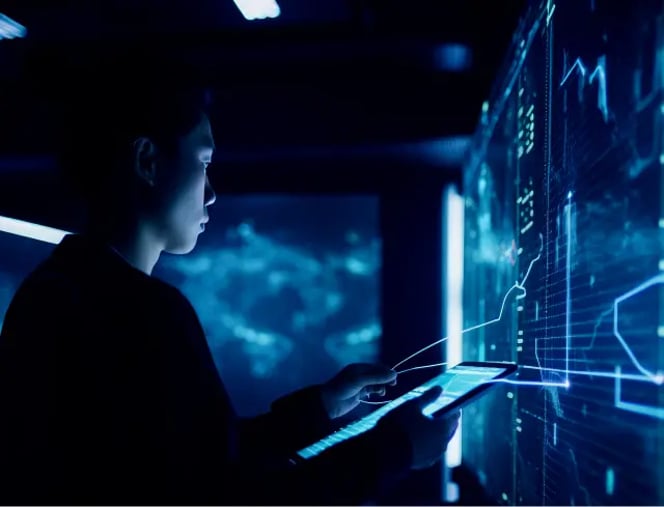 man analyzing data holding iPad and examining graphs