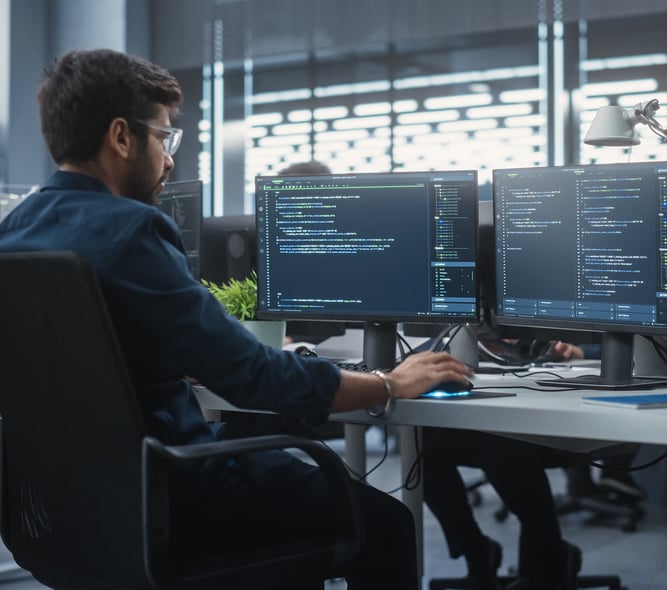 Développeur travaillant dans un espace de travail ouvert avec d'autres développeurs.