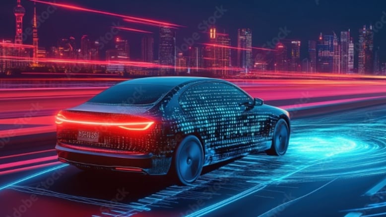Image of an autonomous vehicle driving at night toward a cityscape.