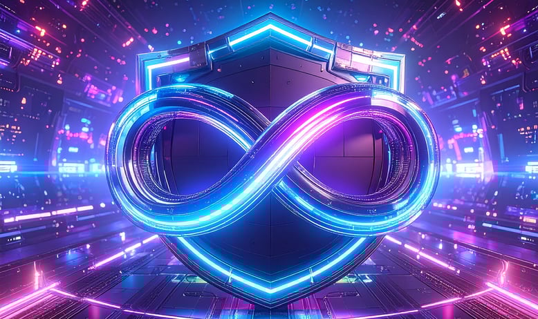 Colorful graphic of an infinity loop atop a shield