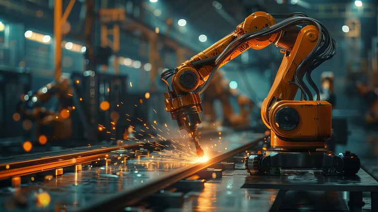 Industrial automation image showing a robotic arm welding on an assembly line.