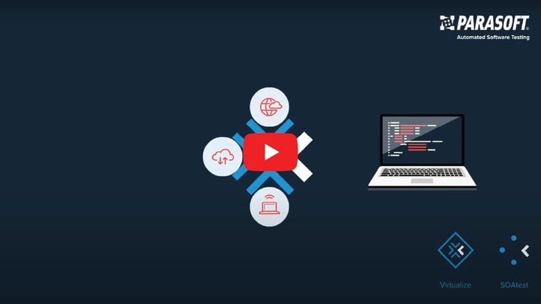 Screenshot from integrated API and service virtualization video. Graphics from different systems working together with graphic of computer screen to the right.