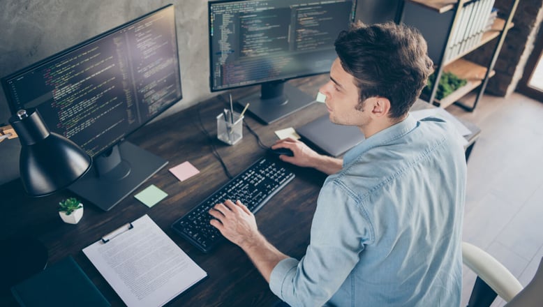 Software engineer searching source code for data breaches