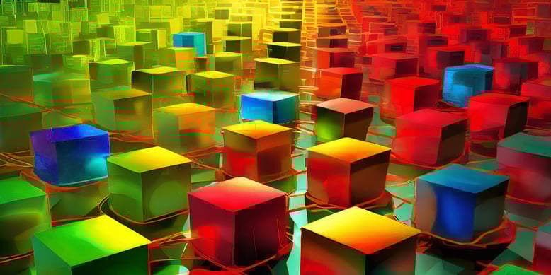 Boxes of red and green surrounding a blue boxes. All boxes connected by lines.