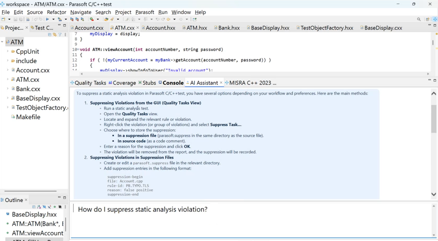 Captura de pantalla de la prueba C/C++ que muestra el Asistente de documentos de IA.