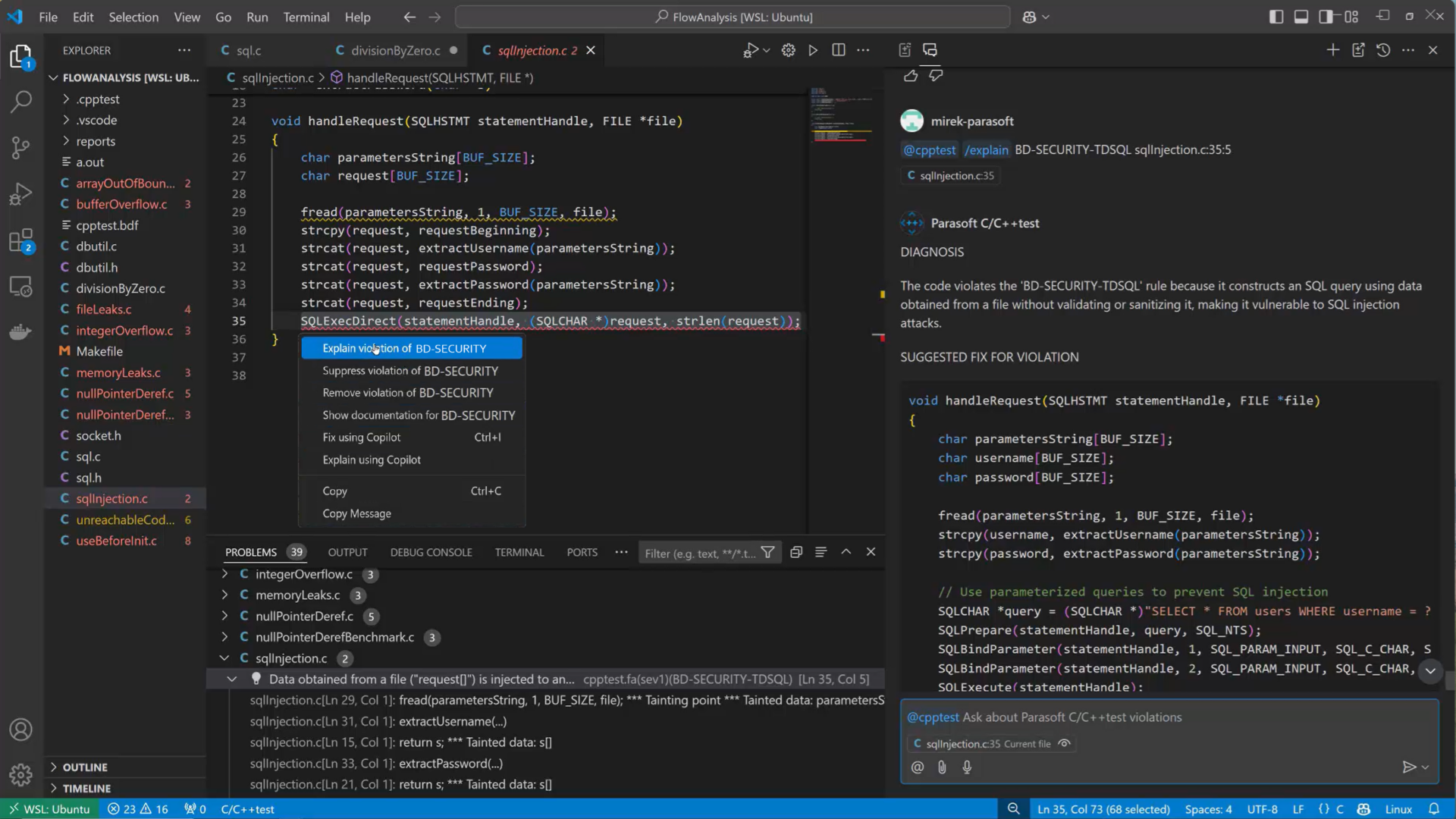 Captura de pantalla de una prueba C/C++ integrada con VS Code y una remediación de análisis estático