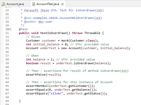Screenshot showing code generated by Parasoft Jtest's Unit Test Assistant.
